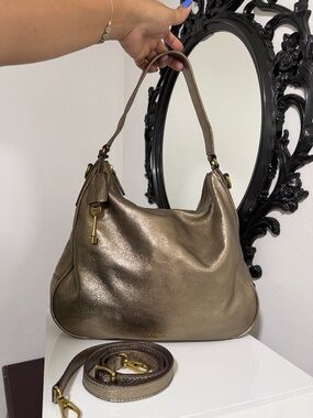 Fossil Metallic Bronze Leather Shoulder Bag with Gold Hardware